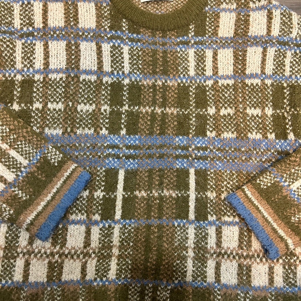 Olive and Blue Plaid Crewneck Sweater - Picture 4 of 5